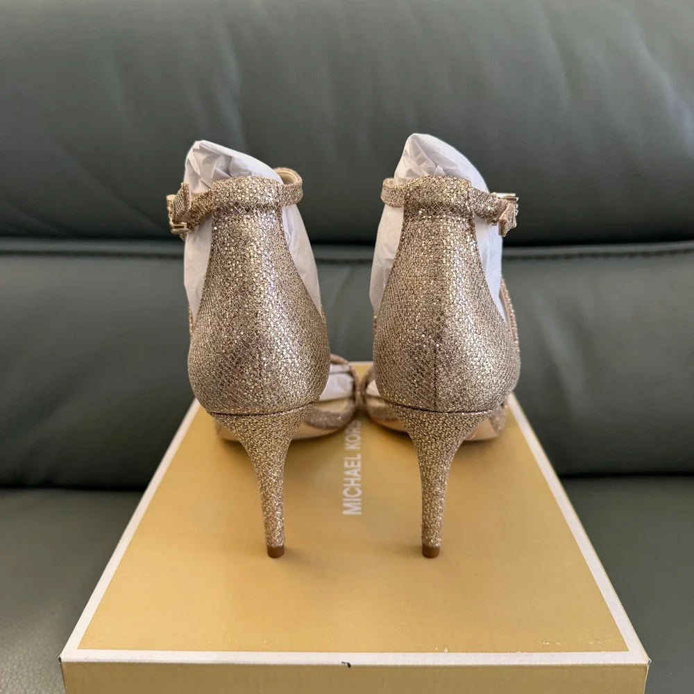 Michael Kors Ava Mid Sandal Glitter Mesh Rose Gold Sand 7M 40F9AVMA3D
